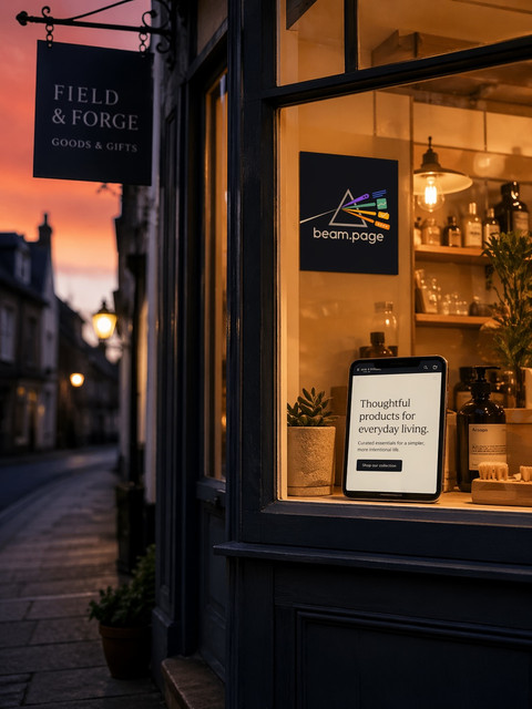 A small British shopfront at dusk, a phone on the window ledge displaying a minimal website, warm amber interior glow